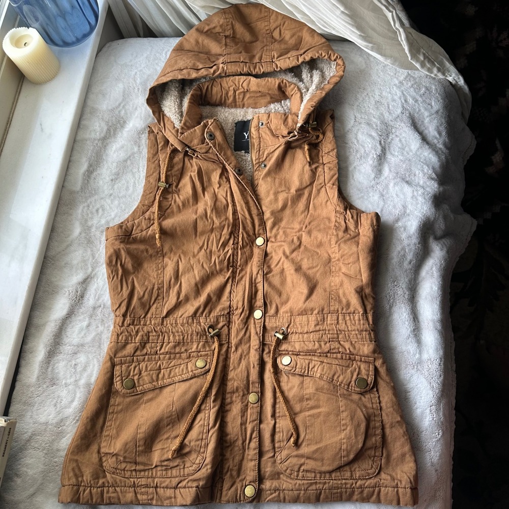 Y2K Cargo Vest Soft Furry Lined Jacket Style Hooded Button Zipper Up